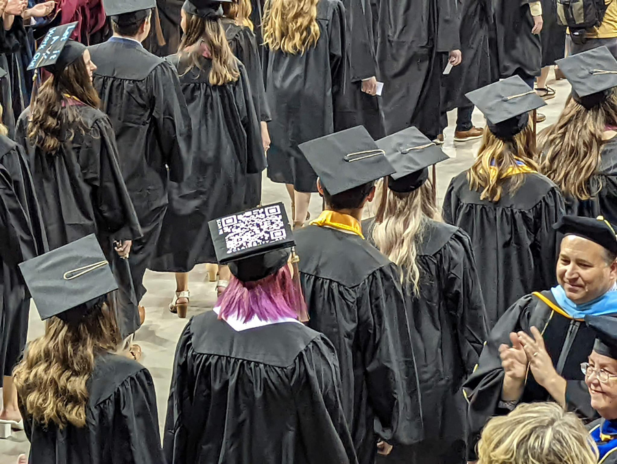qr code on graduation cap with ikonart stencil